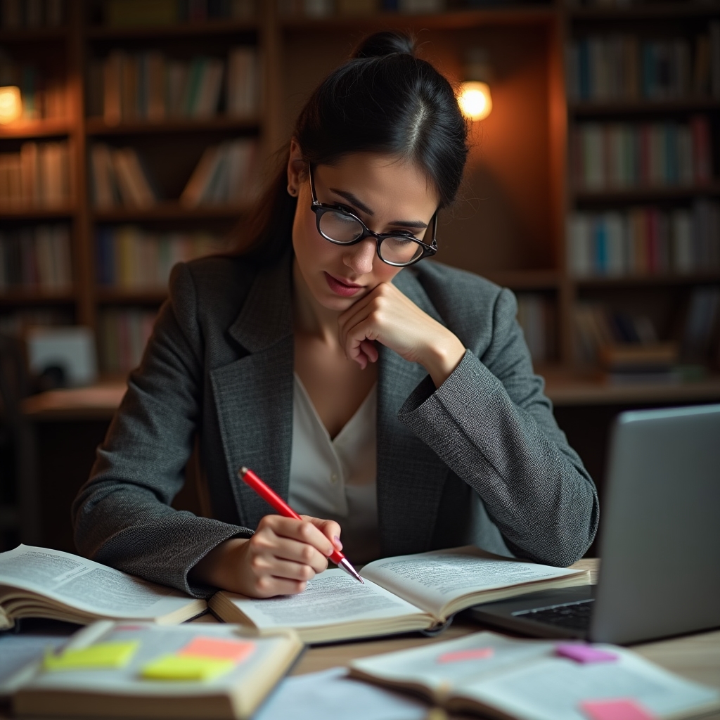 Persoană citind publicații academice și luând notițe critice